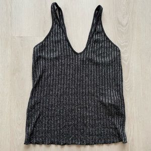 Zara Black V-Neck Silver Metallic Ribbed Knitted Tank Top